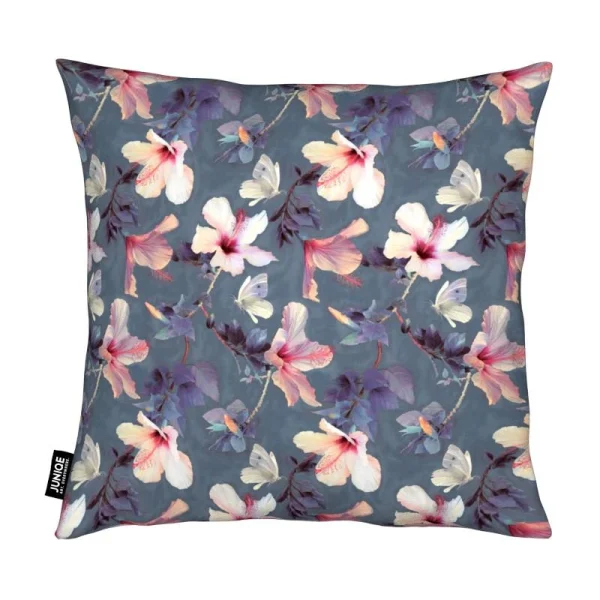 Juniqe Kissen “Butterflies & Hibiscus Flowers” In Grau & Rosa 3