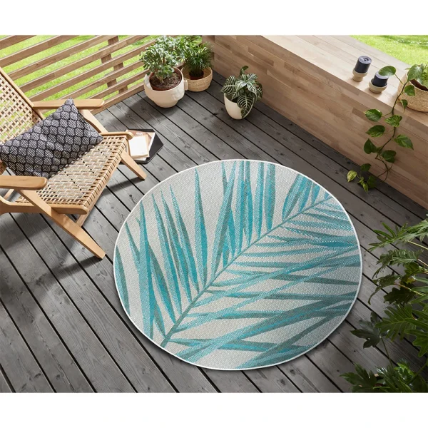 Northrugs In- & Outdoor Teppich Palm Türkis Creme Blau, 160 Cm Rund 6