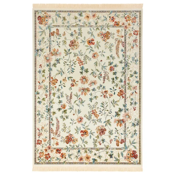Nouristan Orientalischer Samt-Teppich Fransen Oriental Flowers Creme 1