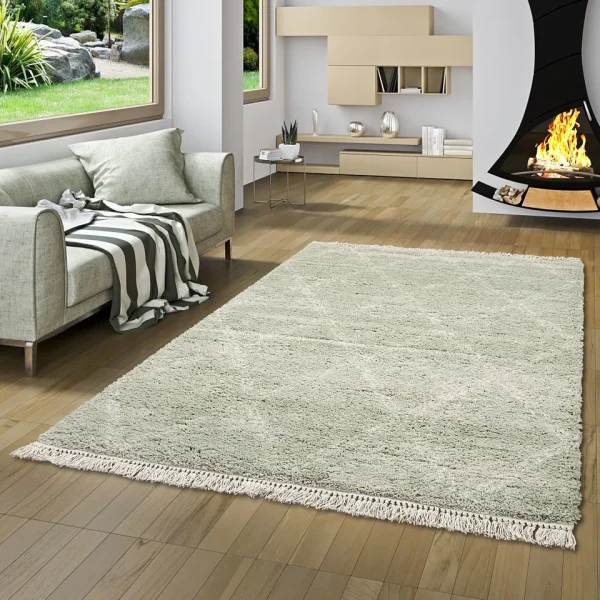 Pergamon Hochflor Langflor Shaggy Teppich Boho Rauten In Mintgrün 6