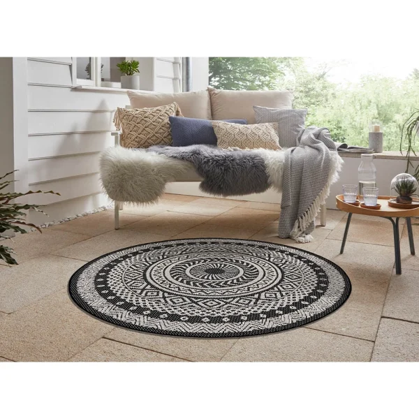 Teppich Boss In- Und Outdoor Teppich Laos, Rund Schwarz/creme 3