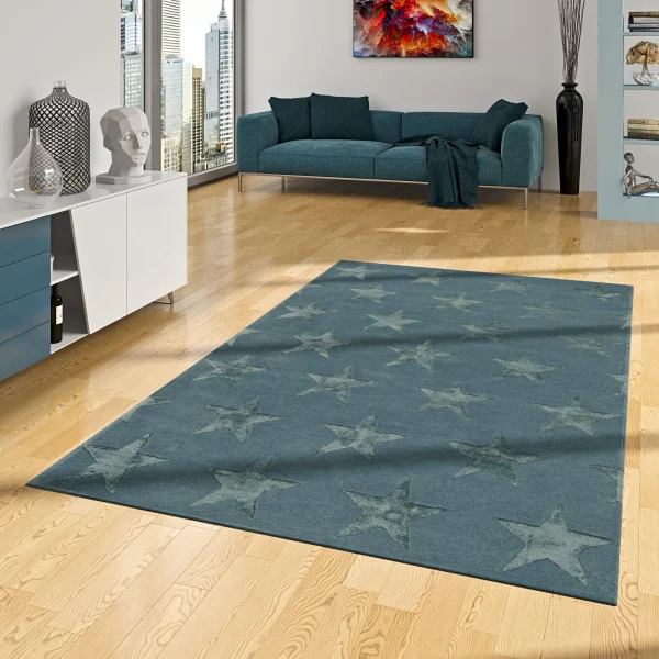 THEKO Natur Luxus Designer Teppich Viva Silk Sterne Petrol In Petrol 6