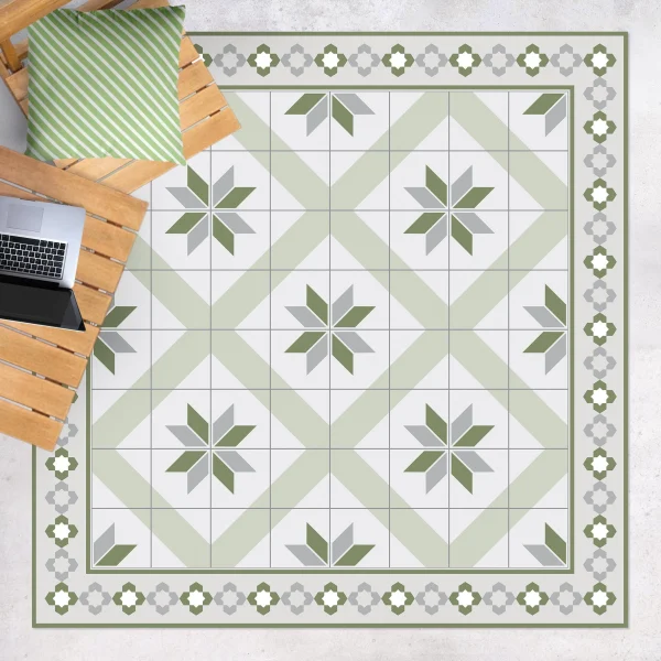 WallArt Vinyl-Teppich – Geometrische Fliesen Rautenblüte Mit Bordüre In Grün 3