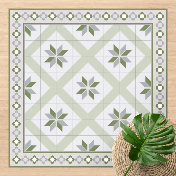 WallArt Vinyl-Teppich – Geometrische Fliesen Rautenblüte Mit Bordüre In Grün 4