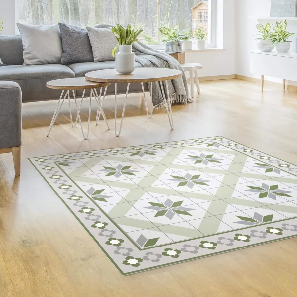 WallArt Vinyl-Teppich – Geometrische Fliesen Rautenblüte Mit Bordüre In Grün 5