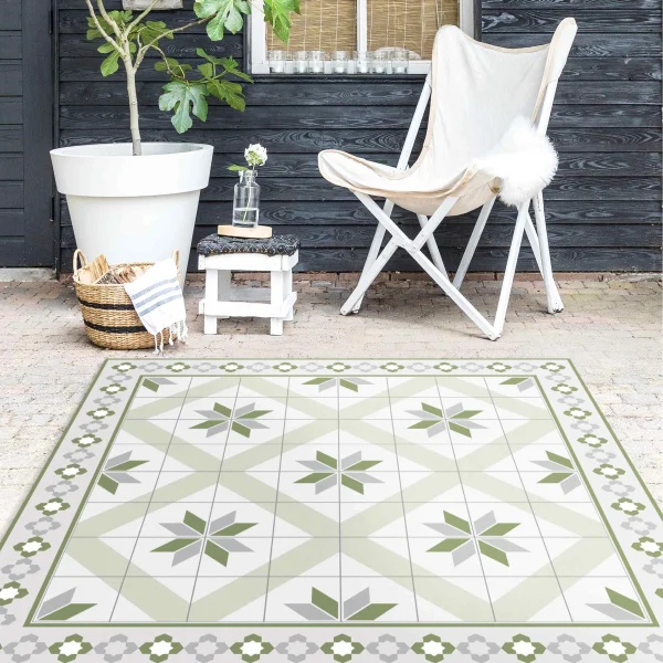 WallArt Vinyl-Teppich – Geometrische Fliesen Rautenblüte Mit Bordüre In Grün 6