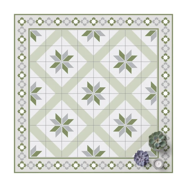 WallArt Vinyl-Teppich – Geometrische Fliesen Rautenblüte Mit Bordüre In Grün 1