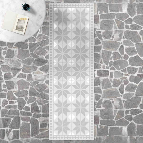 WallArt Vinyl-Teppich – Geometrische Fliesen Sternblume Mit Bordüre In Grau 4