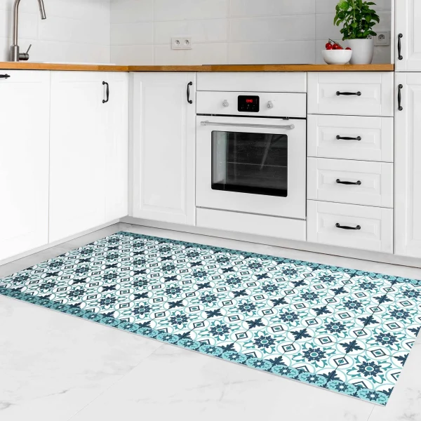 WallArt Vinyl-Teppich – Geometrischer Fliesenmix Blume Türkis In Türkis 5